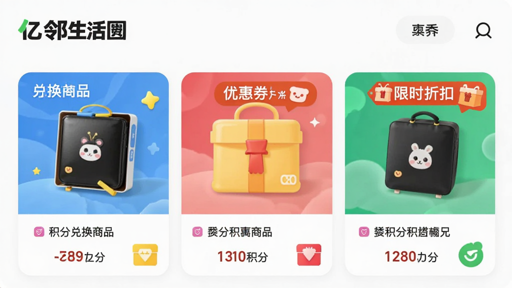 画面主体为“亿邻生活”应用内的积分商城页面,展示积分兑换商品、优惠券、限时折扣标签等元素,布局采用卡片式排版,风格为活泼鲜明的电商促销风格,细节上商品图片清晰、积分数字醒目,画质高清干净,无多余元素