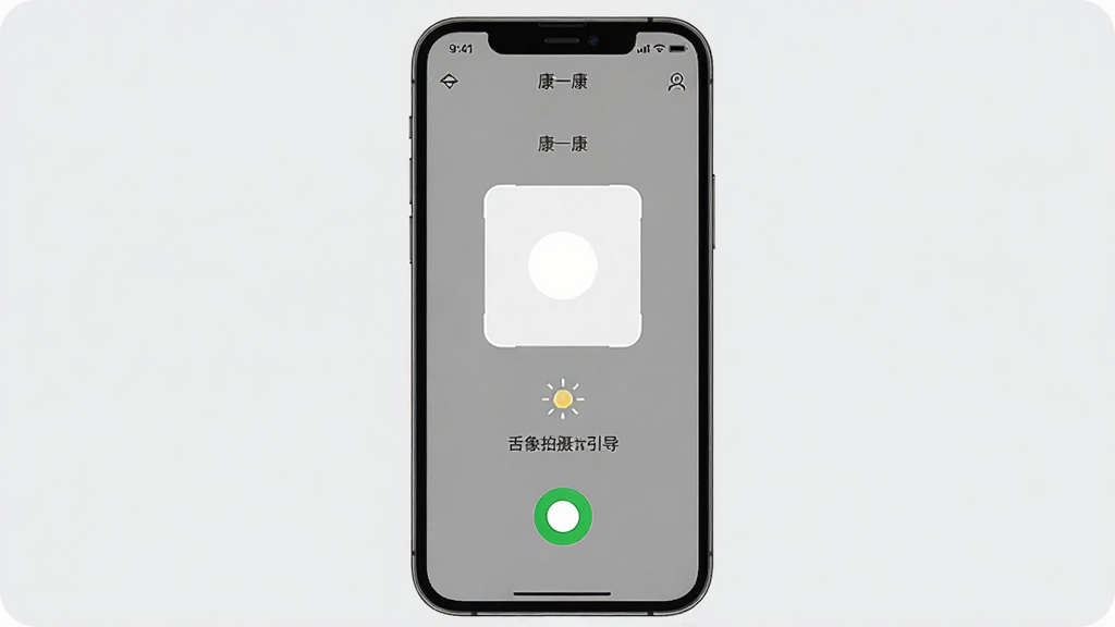 康一康App舌象拍摄引导界面图,画面主体为一部手机,屏幕中显示康一康软件的拍摄引导页面,包含取景框、光线提示图标和拍摄按钮,布局为手机竖屏居中,风格为简洁工具类App设计,细节包括取景框为圆角矩形、提示文字清晰、按钮为绿色圆形,画质高清干净,背景为浅灰色。