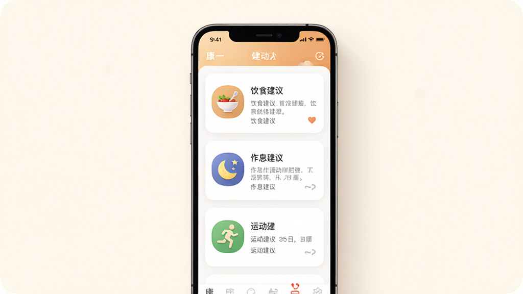 康一康App健康建议功能界面图,画面主体为一部手机,屏幕中显示康一康软件的建议列表页面,包含饮食建议、作息建议和运动建议三个卡片,布局为手机居中、卡片纵向排列,风格为温馨健康风,细节包括卡片图标为小碗、月亮和跑步小人,文字排版整齐,画质高清干净,背景为柔和的米白色。
