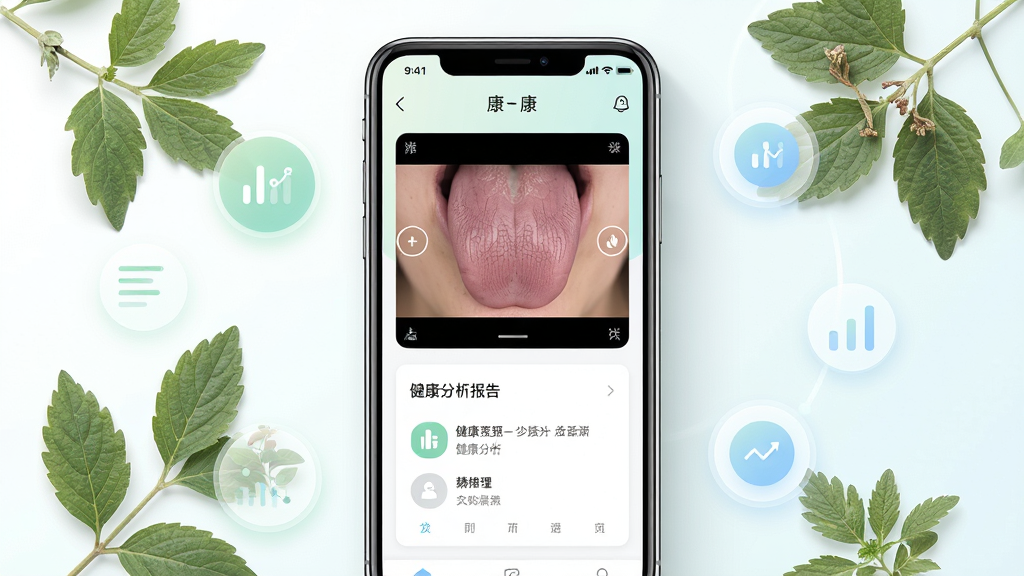 一张手机屏幕展示康一康App舌诊分析界面的场景图,画面主体为一部竖屏智能手机,手机中显示康一康软件界面,界面上有舌象拍摄框和健康分析报告卡片,手机周围散布着淡绿色的中医草本元素和柔和的圆形数据图标,布局为手机居中、周围元素环绕,排版简洁清晰,风格为现代健康科技风,细节包括手机边框反光、界面文字清晰可见、草本叶片纹理细腻,画质为高清4K、干净无多余元素,整体色调以白色、浅绿色和淡蓝色为主。
