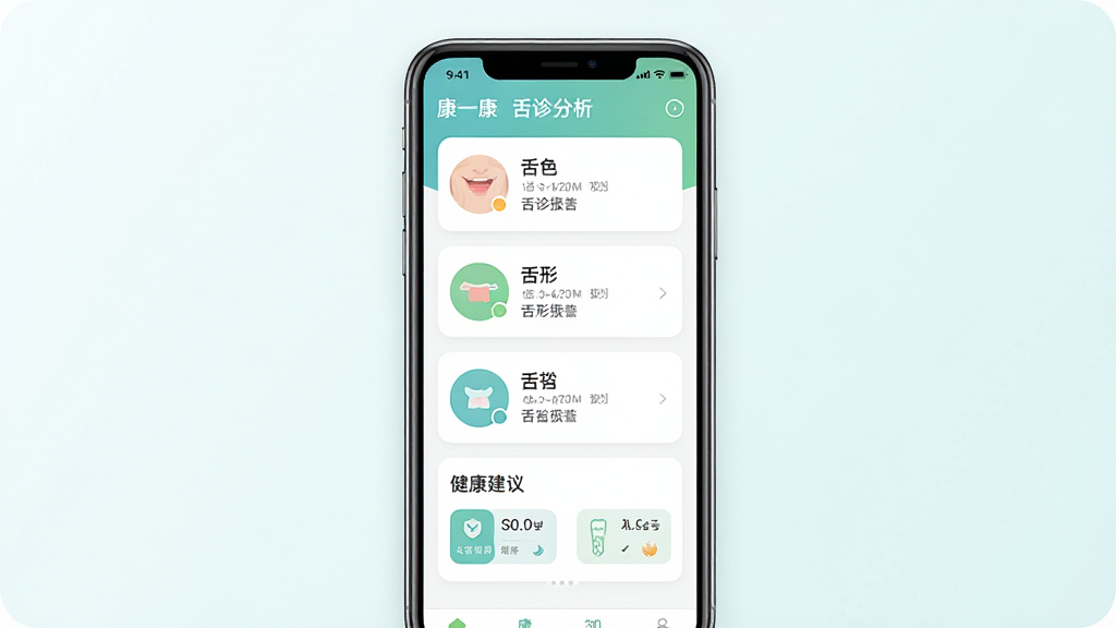康一康App舌诊分析功能界面展示图,画面主体为一部智能手机,屏幕中显示康一康软件的舌诊报告页面,报告包含舌色、舌形、舌苔三个分析模块和健康建议卡片,布局为手机正面居中、界面元素从上到下依次排列,风格为清新健康类App设计,细节包括报告卡片圆角、图标线条简洁、文字清晰可读,画质高清干净,背景为浅色渐变。