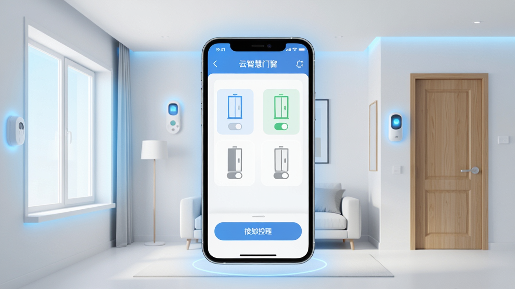 一张展示“云智慧门窗”手机应用界面的场景图,画面中央是一部竖向放置的智能手机,屏幕显示门窗管理控制面板,面板上有门窗开关状态图标和操作按钮,手机周围环绕着现代家居环境元素如窗户、门框和智能传感器,布局简洁清晰,风格为现代科技感扁平化设计,细节包括柔和的蓝色光效和干净的家居背景,画质高清,画面干净,无多余元素。