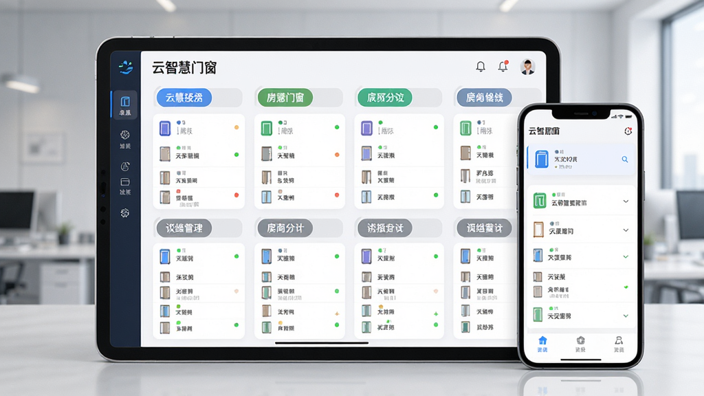 一张展示“云智慧门窗”多设备分组管理界面的图片,画面主体是平板或手机屏幕,屏幕上显示多个房间分组标签和门窗列表,布局为网格状排列,风格为现代办公科技风,细节包括分组图标和状态指示灯,画质高清,画面干净,无多余元素。