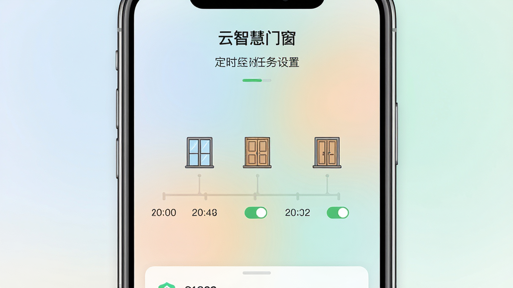 一张展示“云智慧门窗”定时任务设置界面的图片,画面主体是手机屏幕特写,屏幕上显示时间轴和门窗图标,布局居中,风格为清新简约的UI展示风,细节包括时间刻度、开关状态和柔和的渐变背景,画质高清,画面干净,无多余元素。