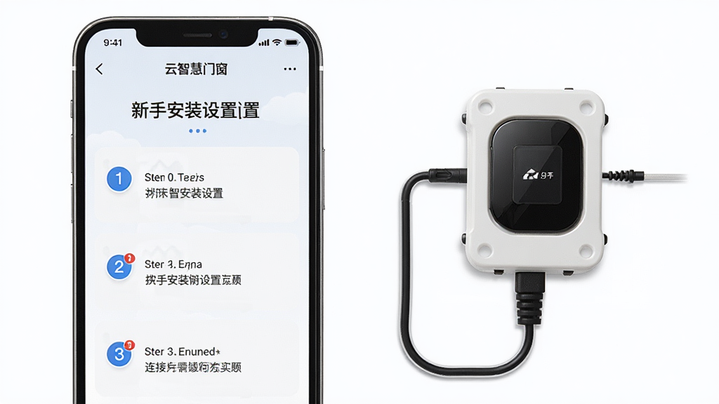 一张以“云智慧门窗”新手安装设置为主题的AI生图,画面主体是手机屏幕显示安装引导步骤,旁边放置门窗传感器实物,布局上手机位于左侧,传感器位于右侧,风格为教程图解风,细节包括步骤序号和连接线,画质高清,画面干净,无多余元素。