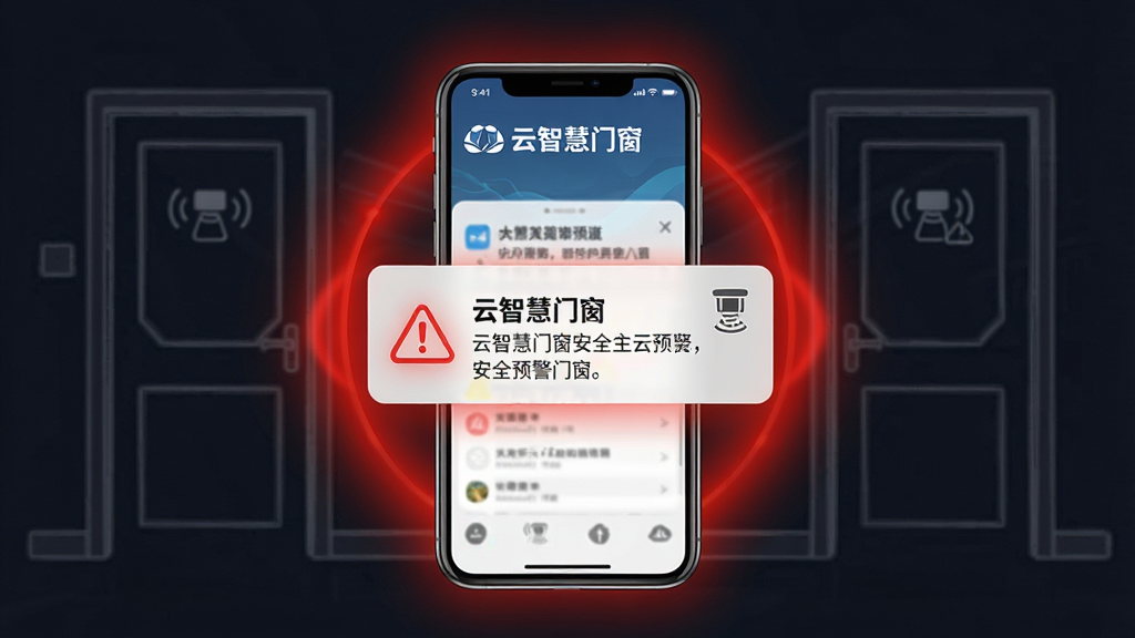 一张以“云智慧门窗”安全预警为主题的生图,画面主体是手机屏幕弹出警报通知,背景是家庭门窗的轮廓,布局上手机位于画面中央,周围环绕红色警示光晕,风格为警示科技风,细节包括通知弹窗和门窗传感器图标,画质高清,画面干净,无多余元素。