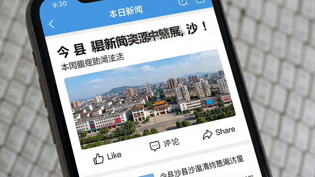 今日沙县新闻资讯功能展示图,画面主体为手机屏幕特写,屏幕内显示沙县本地新闻详情页,标题醒目,配图为沙县城区全景,布局采用上下滚动式信息流,风格为清爽阅读风,细节包含点赞、评论、分享按钮,画质高清,干净,无多余元素