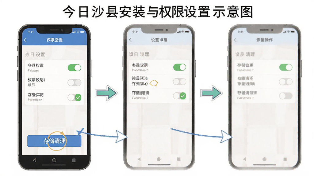 今日沙县安装与权限设置示意图,画面主体为手机屏幕展示设置界面,屏幕内包含权限开关与存储清理按钮,布局为分步操作示意,风格为教程指引风,细节包含箭头标注与勾选状态,画质高清,干净,无多余元素