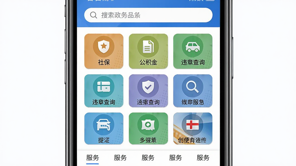 今日沙县便民服务功能界面图,画面中央为手机屏幕,屏幕内展示政务办事图标矩阵,包含社保、公积金、违章查询等图标,布局为九宫格排列,风格为简洁商务风,细节包含顶部搜索栏与底部服务分类标签,画质高清,干净,无多余元素