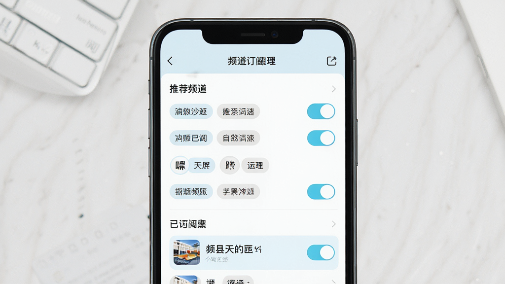 今日沙县个性化订阅界面图,画面主体为手机屏幕,屏幕内展示频道订阅管理页面,包含多个可选频道标签与开关按钮,布局为列表式排列,风格为清新浅色风,细节包含推荐频道与已订阅频道分区,画质高清,干净,无多余元素