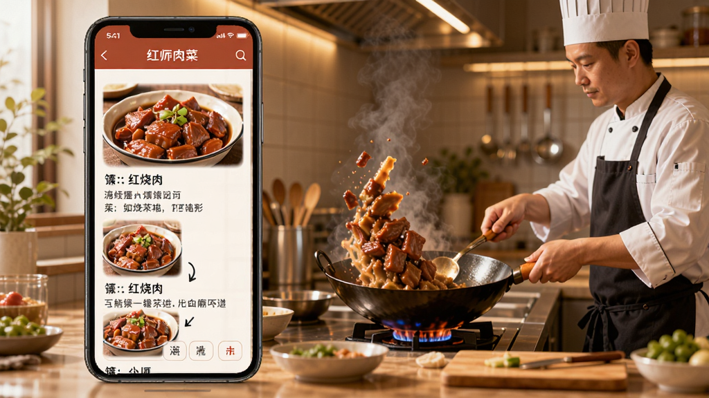 51厨师菜谱学习界面展示图,手机屏幕中呈现红烧肉菜谱的图文步骤,旁边有厨师正在颠勺烹饪,背景是整洁的厨房操作台,风格写实温暖,细节丰富,画质清晰,无多余元素