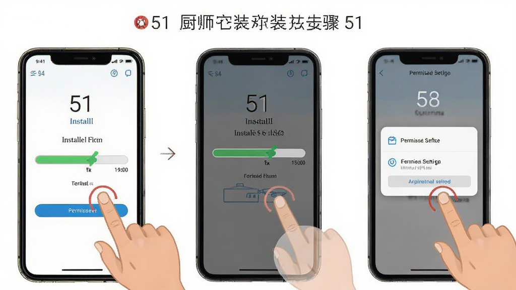 一张展示51厨师应用安装步骤的示意图,画面中手机屏幕显示安装进度条和权限设置界面,旁边有手指点击操作的示意,风格简洁明了,细节清晰,画质干净,无多余元素