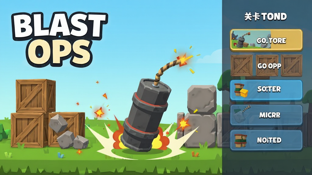 һ��չʾ Blast Ops ��Ϸ������ĺ������ͼ������Ϊ�������ı��ƽ��ճ����������������һ���������ߵ�ըҩͰ����Χɢ�����ƻ���ľ����ʯ�飬����Ϊǳ��ɫ�������ɫ�ݵأ����ֲ������ҷ���ʽ��ͼ�����Ϊ��Ϸ���������Ҳ�Ϊ�ؿ�ѡ����ڣ����Ϊ��ƽ����ͨ��Ⱦ��ϸ�ڰ�����ը���������������������������ɾ����޶���Ԫ��