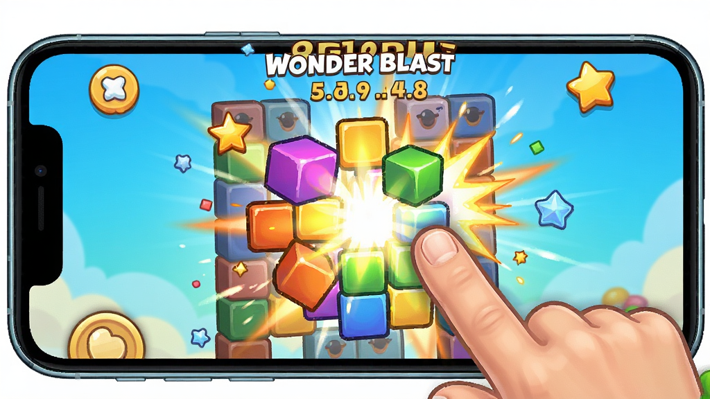 һ��չʾWonder Blast��������淨�ĳ���ͼ������Ϊһֻ��ָ�ᴥ��Ļ������ɫ���鱬ըЧ��������Ϊ�ֻ���Ļ��д���Ű���У����Ϊ������ͨ���ϸ�ڰ�������Ʈ�ֺ�������Ч�����ʸ��壬�ɾ��޶���Ԫ��