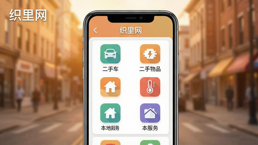 一张展示织里网生活服务功能聚合页面的场景图,画面为手机屏幕正面展示,屏幕上以网格形式排列着房屋、二手车、二手物品、本地服务等多个功能入口图标,每个图标下方有中文标签。手机背景是模糊的城市街景,色调温暖。整体风格为现代扁平化设计展示,细节丰富,画质干净,画面中文字标注