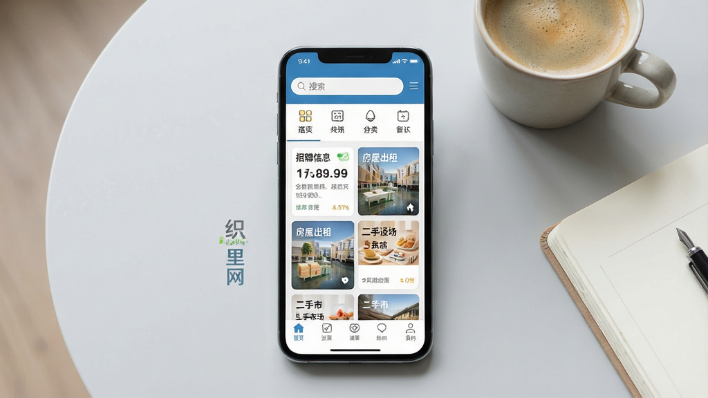一张手机屏幕展示织里网应用主界面的场景图,画面中央是一部竖屏智能手机,手机屏幕上清晰显示织里网APP首页,顶部有搜索框和分类图标,中部有招聘信息、房屋出租、二手市场等板块卡片,底部有导航栏。背景是简洁的浅灰色桌面,旁边放着一杯咖啡和一本笔记本。整体风格为写实产品展示风,光线柔和明亮,细节清晰,画质干净无多余元素,画面中文字标注