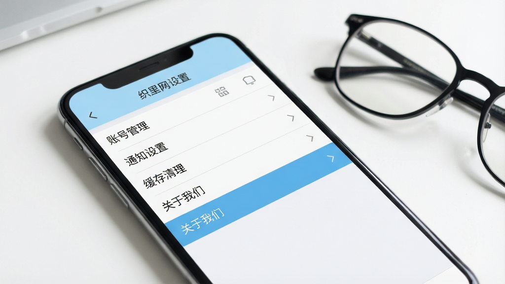 一张展示织里网应用设置界面的场景图,画面为手机屏幕特写,屏幕中显示设置菜单,包含账号管理、通知设置、缓存清理、关于我们等选项,其中缓存清理选项被高亮显示。手机放置在白色桌面上,旁边有一副眼镜。整体风格为简洁实用风,色调以白色和浅蓝为主,画质清晰干净,画面中文字标注