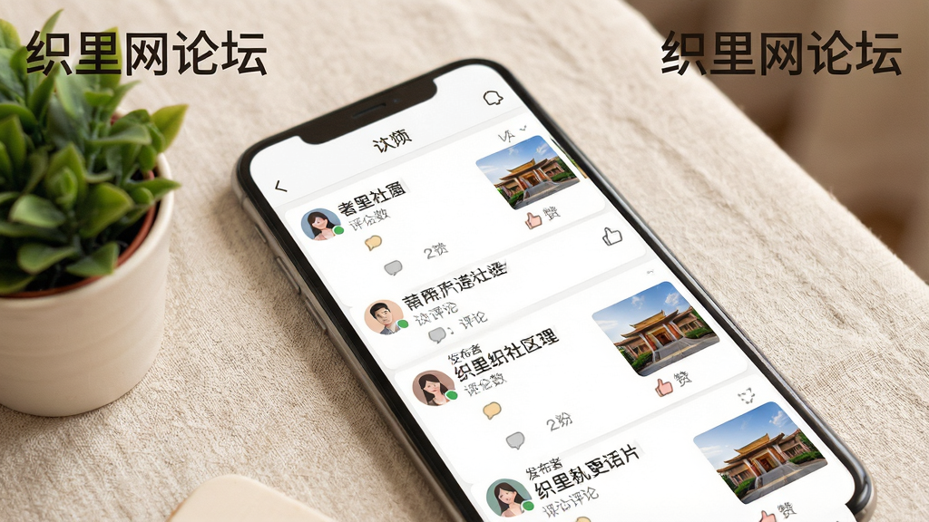 一张展示织里网社区论坛互动界面的场景图,画面为手机屏幕特写,屏幕中显示论坛帖子列表,每条帖子有标题、发布者头像、评论数和点赞数,部分帖子带有图片缩略图。手机放在一张浅色桌布上,旁边有一盆小绿植。整体风格为温馨社区风,色彩柔和,画质清晰,画面中文字标注