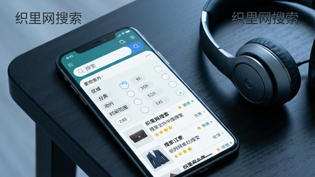 一张展示织里网搜索筛选功能的场景图,画面为手机屏幕特写,屏幕中显示搜索框和筛选条件面板,筛选条件包括区域、分类、时间范围等选项,下方是搜索结果列表。手机放置在深色桌面上,旁边有一副耳机。整体风格为科技简约风,色调偏冷,画质干净,画面中文字标注