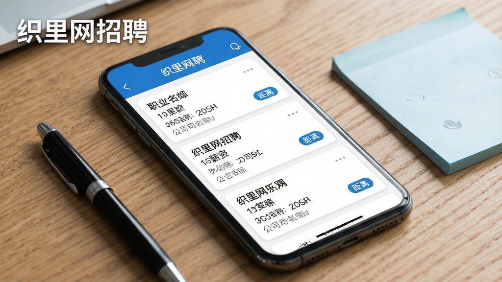 一张展示织里网招聘功能界面的场景图,画面主体为手机屏幕特写,屏幕内显示织里网招聘列表页面,多条岗位信息以卡片形式排列,每条包含职位名称、薪资范围、公司名称和距离标签。手机放置在一张木质桌面上,旁边有一支笔和一张便签纸。整体风格为清新商务风,色彩以蓝色和白色为主,画面干净整洁,画质清晰,画面中文字标注