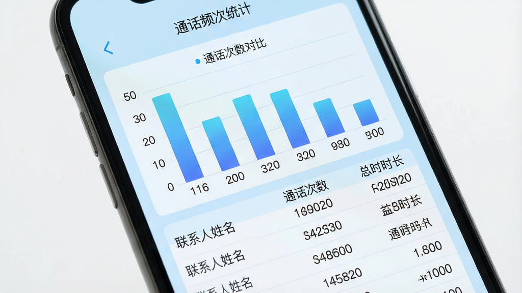 一张手机屏幕显示通话记录历史查询软件统计页面的图片,页面顶部显示“通话频次统计”标题,中间是一个柱状图展示不同联系人的通话次数对比,下方是详细的数字列表,包含联系人姓名、通话次数和总时长。界面采用浅蓝色调,柱状图颜色为渐变蓝,整体风格清新简洁,画质高清,无多余元素。