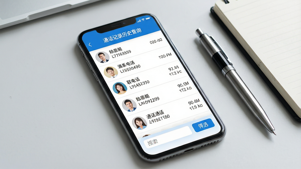 一张展示智能手机屏幕的图片,屏幕中央显示着通话记录历史查询软件的主界面,界面顶部有“通话记录历史查询”字样,下方排列着多条通话记录条目,每条记录包含联系人头像、姓名、电话号码、通话时间和通话时长,界面底部有搜索框和筛选按钮。整体布局简洁清晰,采用蓝白配色风格,手机放置在浅灰色桌面上,旁边有一支笔和一本记事本作为装饰,画面干净明亮,画质高清,无多余元素。