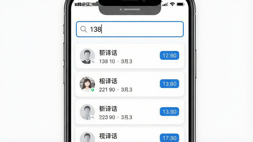 一张手机应用界面截图风格的图片,画面中央是通话记录历史查询软件的搜索页面,搜索框内显示“138”部分号码,下方列出匹配到的多条通话记录,每条记录右侧有通话时间标签。界面采用卡片式布局,背景为纯白色,搜索框有蓝色边框,整体风格简约商务,画质清晰干净,无多余装饰元素。