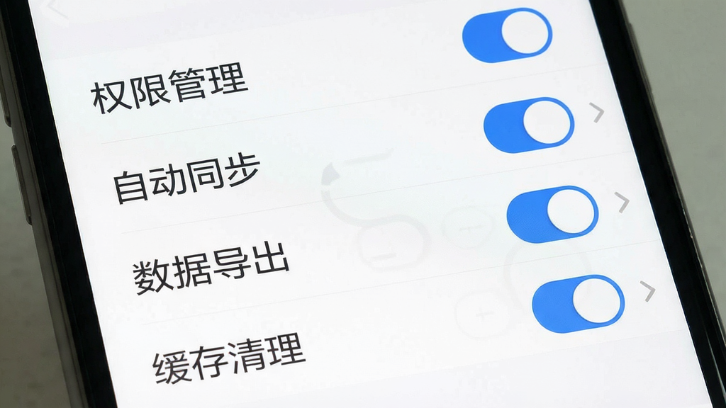 一张手机屏幕展示通话记录历史查询软件设置页面的图片,页面中包含“权限管理”“自动同步”“数据导出”“缓存清理”等选项,每个选项旁边有开关按钮或箭头图标。界面采用白色背景,选项文字为深灰色,开关按钮为蓝色,整体风格简洁明了,画质清晰,无多余元素。
