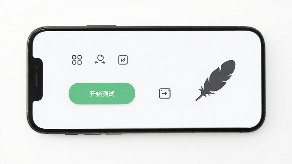 一部手机展示反应测试器的极简主界面,界面上只有开始测试按钮与几个简洁图标,没有广告横幅与弹窗。手机旁边有一个轻飘飘的羽毛符号,象征软件轻量。背景为纯白色,光线明亮均匀。布局简洁居中,风格清新极简,画质高清,干净无多余元素。