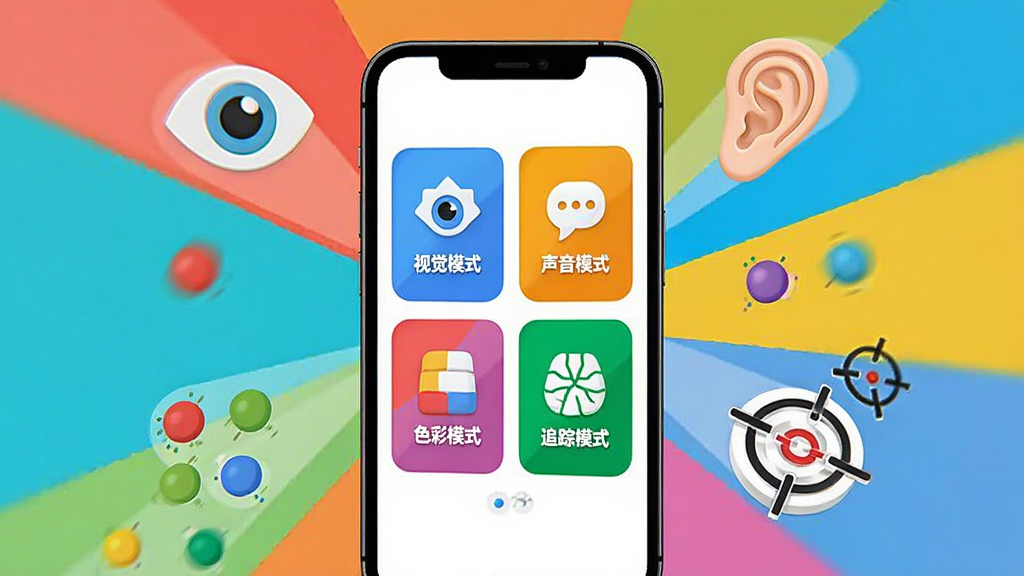手机屏幕中展示反应测试器的多模式选择界面,界面中排列着视觉模式、声音模式、色彩模式、追踪模式四个彩色卡片图标。手机周围漂浮着代表不同感官的符号,如眼睛、耳朵、彩色圆点与移动靶心。布局以手机为中心向四周发散,风格活泼明快,色彩丰富但不杂乱,画质清晰,干净无多余元素。