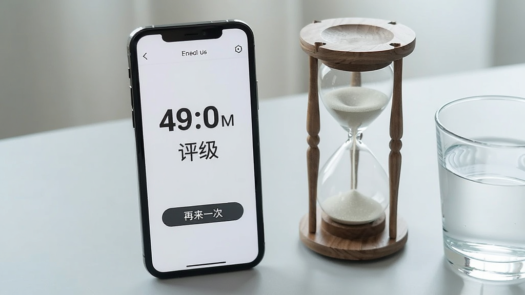一部手机屏幕上显示反应测试器的测试结果页面,页面中央有大号毫秒数字与评级文字,下方有“再来一次”按钮。手机旁边放置一个沙漏与一杯水,象征休息与节奏。背景为浅灰色桌面,光线柔和。布局上手机位于画面中心偏左,沙漏在右侧,风格生活化,画质清晰,干净无多余元素。