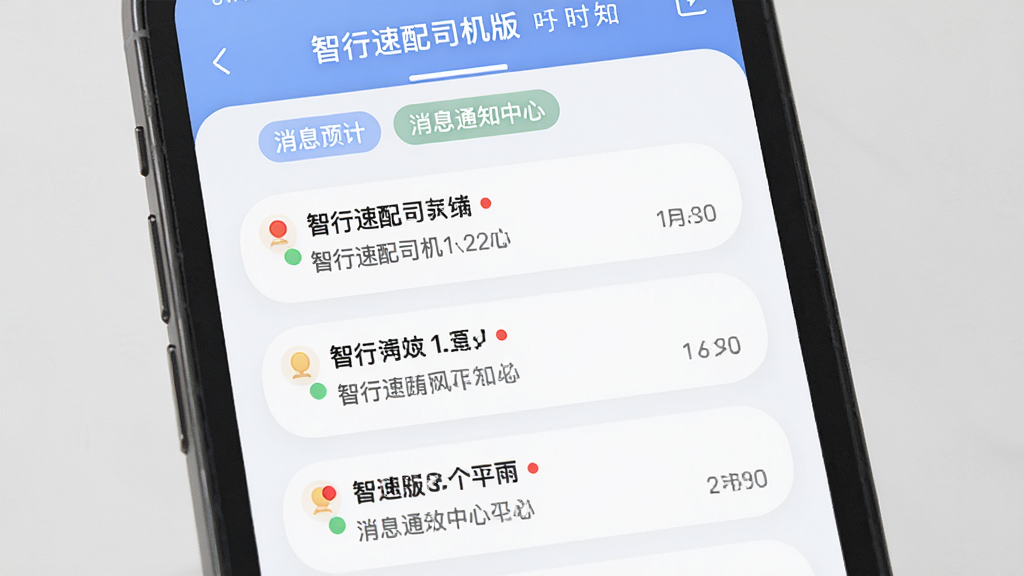 智行速配司机版消息通知中心界面,主体是手机屏幕显示多条通知列表,布局为纵向排列带分类标签,排版规整,风格为柔和圆角设计,细节包括红点提醒与时间戳,画质清晰干净无多余元素