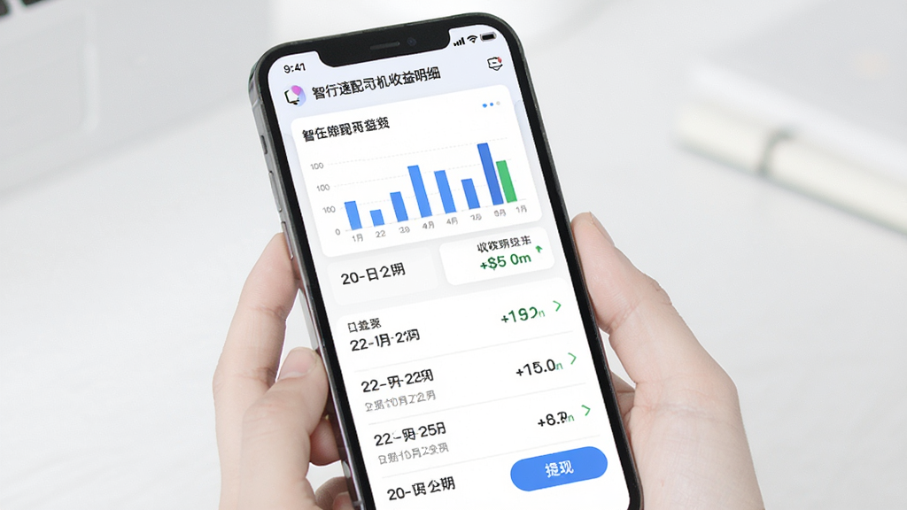智行速配司机版收益明细页面,主体是手机屏幕显示柱状图与金额数字,布局为上方汇总卡片下方列表,排版清晰,风格为简约商务风,细节包括日期标签与提现按钮,画质干净无多余元素