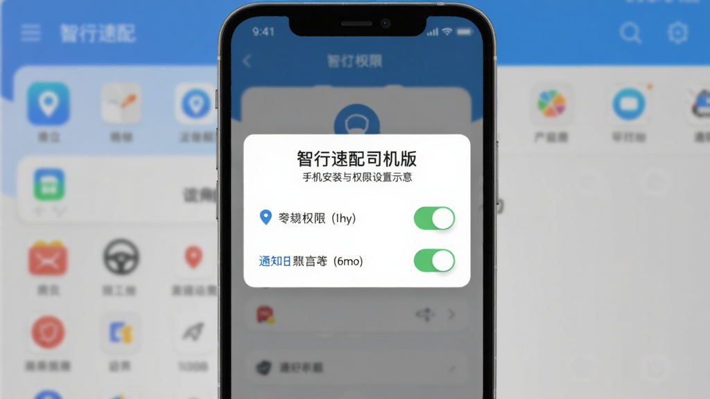 智行速配司机版手机安装与权限设置示意,主体是手机屏幕显示权限授权弹窗,布局为居中弹窗与背景应用界面,排版简洁,风格为扁平化UI风格,细节包括定位与通知权限开关,画质清晰干净无多余元素