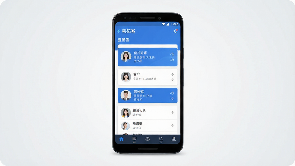 һ���ֻ�Ӧ�ý���չʾͼ������������һ��������׿�ֻ����ֻ���Ļ����ʾ�����ؿ͡��Ŀͻ�������ҳ�������ͻ��б���������¼�͵ײ�������������Ϊ�ɾ���ǳ�ҽ��䣬���־��жԳƣ����Ϊ�ִ���ƽ��UI��ƣ�ϸ����ͻ����Ƭʽ���ֺ���ɫ��ɫ���������������ɾ����޶���Ԫ��