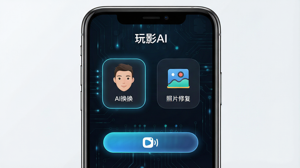 һ��չʾ�����ֻ���Ļ��ͼƬ����Ļ����ʾ����ӰAI���������棬�������AI��������Ƭ�޸�������д��ȹ���ͼ�꣬����Ϊ��ɫ�Ƽ��з��������У����ּ�࣬�Ű����������Ϊ�ִ����ֲ�Ʒչʾ��ϸ�ڰ����ֻ��߿򷴹⡢���水ť����Ч�������ʸ��壬�ɾ����޶���Ԫ��