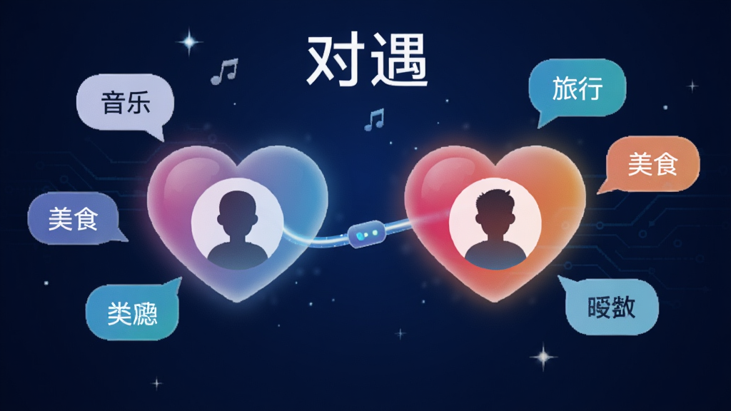 一幅AI生成的插画,主题为“对遇”智能匹配功能。画面中心是两颗发光的爱心由一条数据线连接,爱心内部有用户头像剪影。周围环绕着兴趣标签气泡,如“音乐”“旅行”“美食”。背景为深蓝色科技感渐变,点缀星光。风格简洁现代,画质高清,干净无多余元素。
