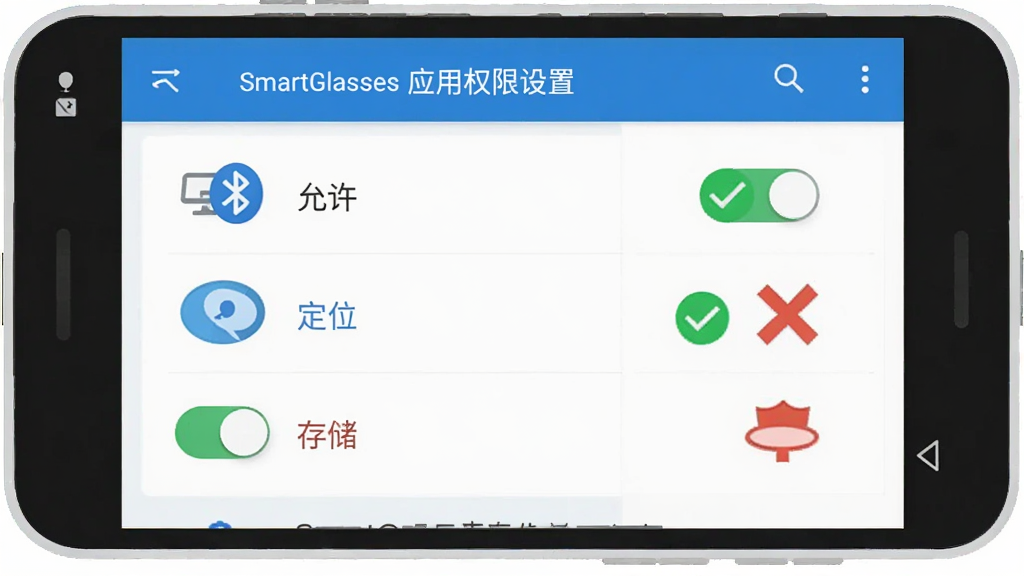 ��������Ϊһ����׿�ֻ���ʾSmartGlassesӦ�õ�Ȩ�����ý��棬�����а�����������λ���洢����Ȩ�޿��أ��Ա�����ɫ�Թ��ͺ�ɫ��ŶԱ�ͼʾ������Ϊ���ҷ����Ű棬���Ϊ��ƽ����Ϣͼ��ϸ�ڰ������ı�ע