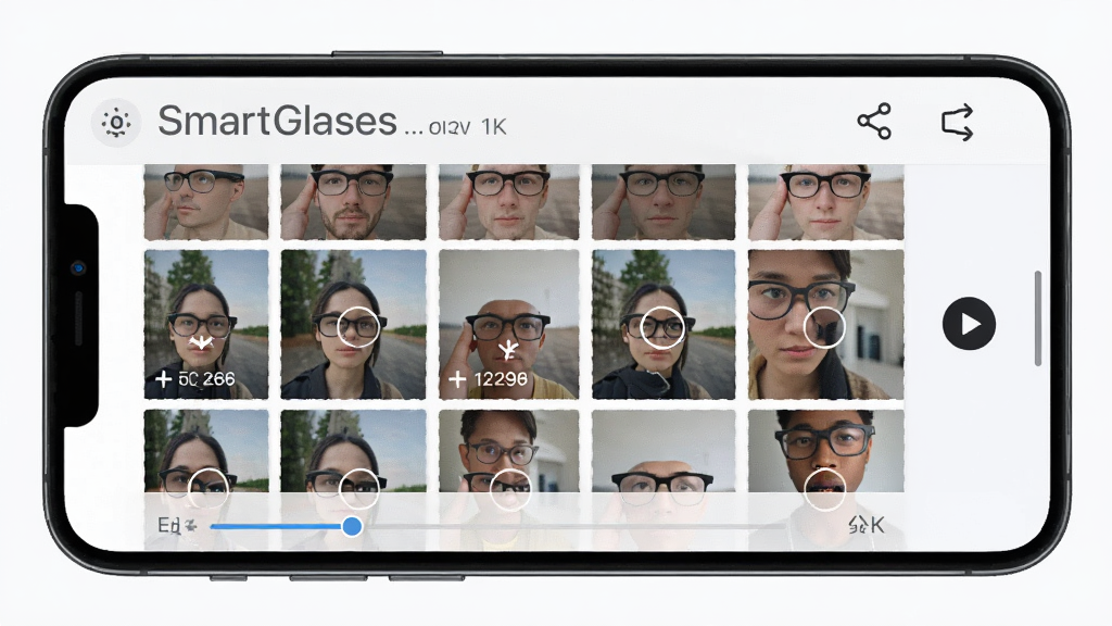 ��������Ϊ�ֻ���Ļ��չʾSmartGlasses��ý�����棬����״�����Ŷ����������۾��������Ƭ����ͼ���Ҳ�����Ƶ���Ű�ťͼ�꣬����Ϊ�ֻ����温��ͼ�����Ϊ��ˬǳɫϵUI��ƣ�ϸ�ڰ���ͬ�����������ļ���С��ǩ��������ť������4K���塢�ɾ����޶���Ԫ��