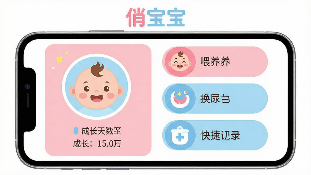 主体是一个手机屏幕展示育儿记录界面,布局采用左右分栏,左侧是宝宝头像和成长天数,右侧是喂养、睡眠、换尿布等快捷记录按钮,排版整齐清晰,风格为温馨卡通扁平化,细节包括柔和的粉色与浅蓝色调、圆润的图标、宝宝笑脸元素,画质高清干净无多余元素,屏幕上方有“俏宝宝”文字标识