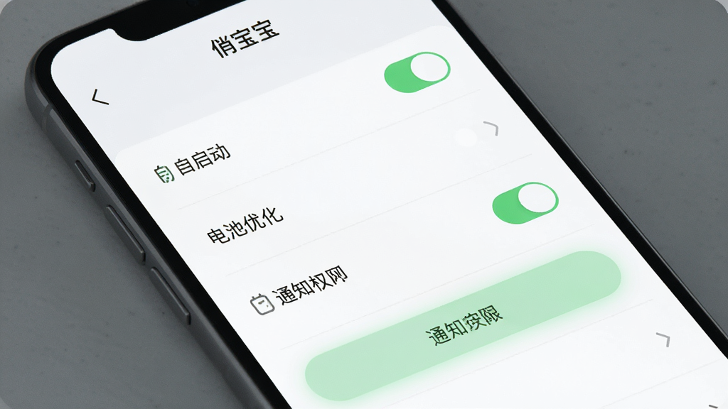 主体是手机屏幕展示俏宝宝权限设置界面,布局为设置列表纵向排列,排版清晰,风格为极简科技风,细节包括自启动开关、电池优化选项、通知权限开关、柔和的绿色高亮按钮,画质高清干净无多余元素,界面顶部有“俏宝宝”文字