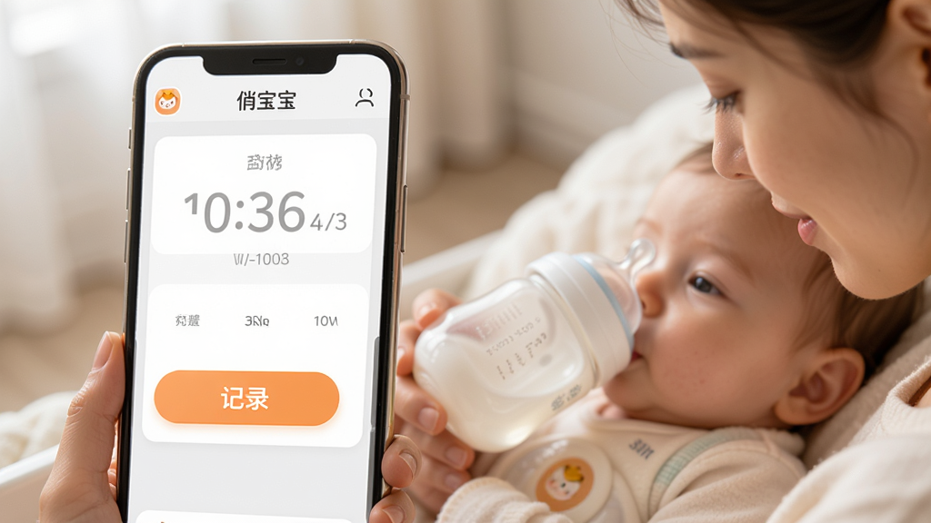 主体是一位年轻妈妈用手机记录宝宝喝奶时间,布局为手机界面特写加宝宝背景虚化,排版突出记录按钮和计时器,风格为温馨生活摄影加UI叠加,细节包括奶瓶、柔光、手机屏幕上的“俏宝宝”应用界面,画质清晰干净无多余元素