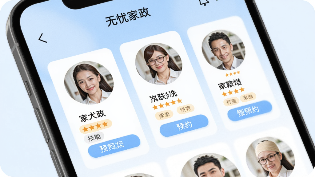 ���Ǽ���APP����ƥ����棬�ֻ���Ļ��ʾ��λ������Աͷ��Ƭ��ÿ�ſ�Ƭ�����������֡����ܱ�ǩ��ԤԼ��ť�������ǵ���ɫ���䣬������ִ������������ɾ����޶���Ԫ��