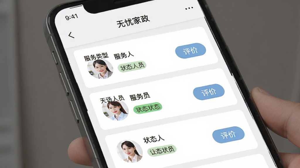 ���Ǽ���APP��������ҳ�棬�ֻ���Ļ��ʾ�����б���ÿ�������з������͡�������Աͷ��״̬��ǩ�����۰�ť�������ǰ�ɫ��ǳ��ɫ���䣬����Լ���񣬻��������ɾ����޶���Ԫ��