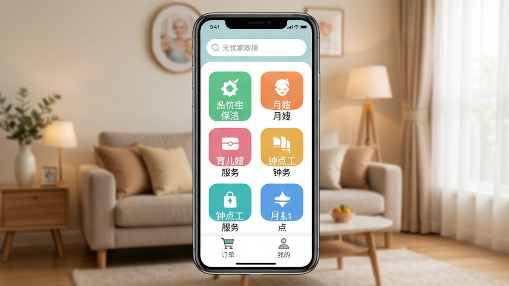 һ���ֻ���Ļչʾ���Ǽ���APP��ҳ���棬�����������м��Ǳ��ࡢ��ɩ������ɩ���ӵ㹤�ȷ������ͼ�꣬�ײ��ж������ҵ�ҳ����ڣ���������ܰ�ļ�ͥ�������������������ɾ����޶���Ԫ��