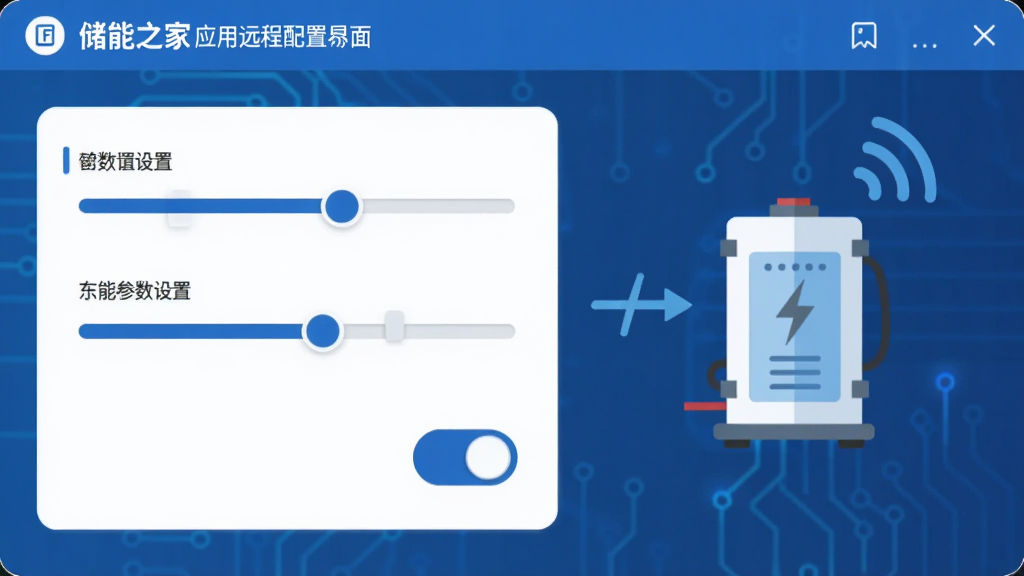 储能之家应用远程配置界面,屏幕显示参数设置滑块与开关按钮,旁边有储能设备图标与信号连接标识,风格为扁平化科技风,色彩以蓝色和白色为主,画质清晰,无多余元素