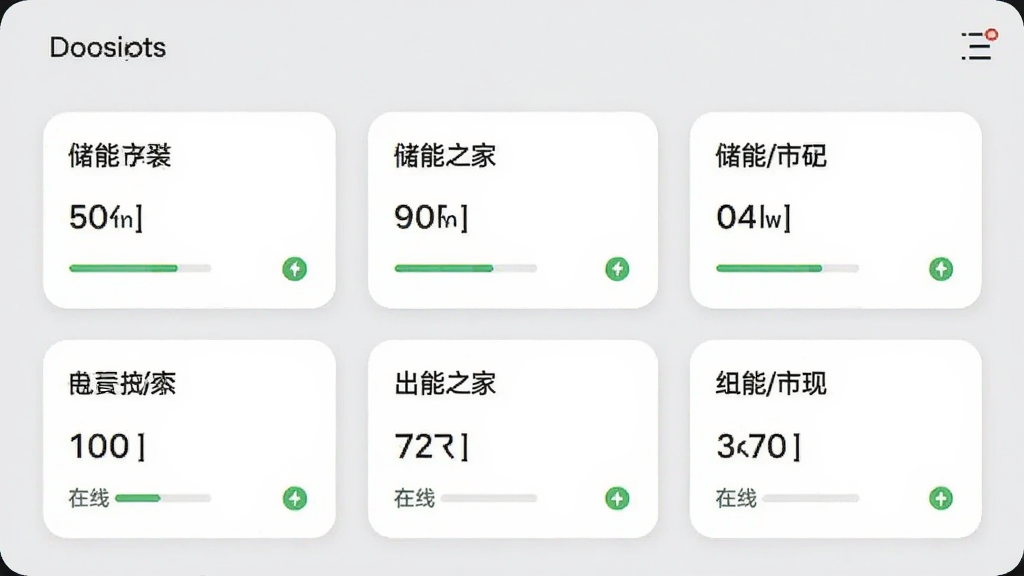 储能之家应用的多设备管理界面,屏幕上排列着多个设备卡片,每个卡片显示设备名称、电量状态与在线标识,背景为浅灰色,卡片为白色圆角设计,风格简约商务,画质干净,无多余元素