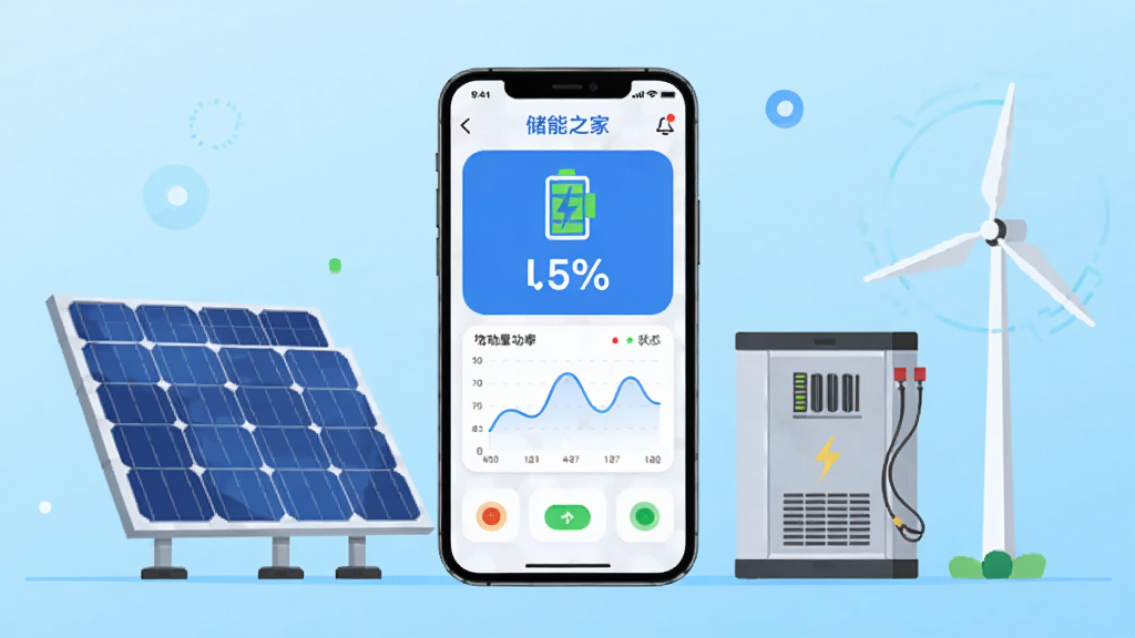 画面中央放置一部智能手机,手机屏幕显示储能之家应用主界面,界面中有电池图标、电量百分比、功率曲线图与状态指示灯。手机周围环绕太阳能板、家用储能电池柜与风力发电机等元素,以扁平化插画风格呈现。背景为浅蓝色渐变,布局简洁对称,风格现代科技感,细节清晰,画质干净,无多余元素