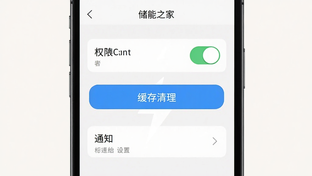 手机屏幕显示储能之家应用设置页面,页面上有权限开关、缓存清理按钮与通知设置选项,背景为浅色,界面简洁,画质干净,无多余元素