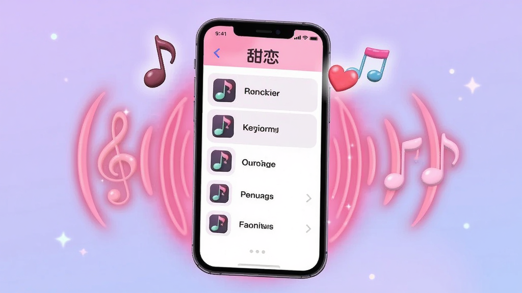 一张以甜恋键盘音效设置为主题的图片,画面中手机屏幕显示音效选择列表,旁边有音符与爱心图标点缀,手机周围环绕着声波纹理与粉色光晕,背景为浅紫色渐变,风格活泼可爱,画质清晰,画面干净整洁,无多余装饰